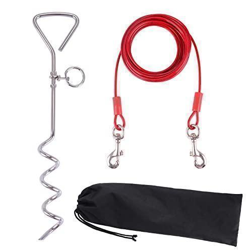THYENTUL Dog Tie-Out Cable and Stake 16FT Outside Pet Leash for Yard and Camping for Medium Large Dogs Up to 125 lbs(Red)
