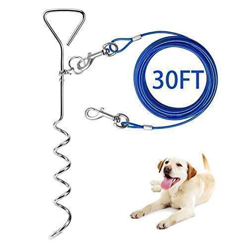 Dog Tie Out Cable and Stake, 30ft Outside Dog Leash&Chain for Camping and Yard, 16'' Heavy Duty Anti Rust Spiral Stake for Medium-Large Dogs Up to 125 lbs (30FT, Blue)