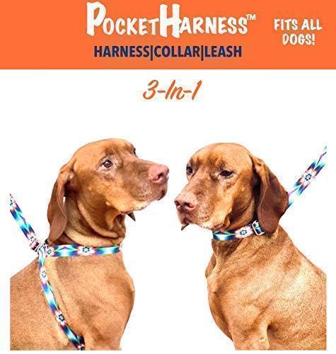 POCKETHARNESS Dog Harness + Collar + Leash | 3-In-1 | Stores Pocket | Perfect Fit Harness | Slip-On/ Off Collar | New Invention | Easy To Use | Pups All Size Dogs | Adjustable No Measuring | Made USA